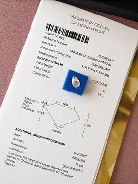 Pear Brilliant Lab-Grown Diamond (D, VS1) on Blue Display Pad